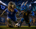 Dragon and Dinosaur Playing Soccer