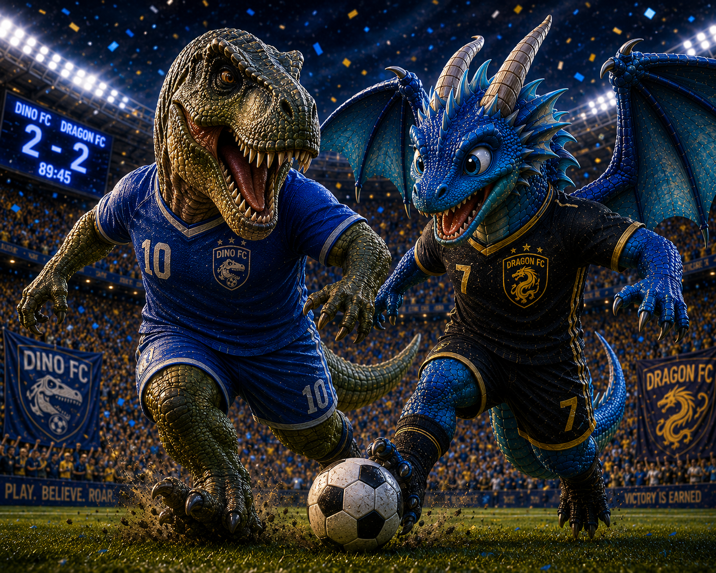 Dragon and Dinosaur Playing Soccer